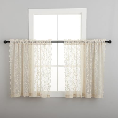 FINECITY Short Beige Lace Curtains Rustic Leaf Floral W42xL36 Inch 2 Panels | Rod Pocket, Textured Knit Flows, Window Glow Softened, Rustic Neutral Suits Farmhouse, Short Drop Keeps Sills Clear, Privacy - color: Beige, size: 42"W x 36"L (Pack of 2)