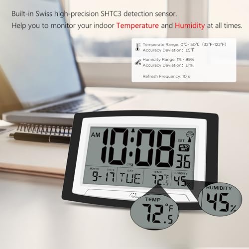 12.5 Inch Atomic Clock with Indoor Temperature and Humidity | Battery Operated Digital Wall or Desk Clock, Auto DST, Large Display for Seniors, Self-Setting, for Classroom, Garage, Office - size: Large
