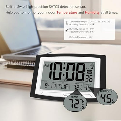 12.5 Inch Atomic Clock with Indoor Temperature and Humidity | Battery Operated Digital Wall or Desk Clock, Auto DST, Large Display for Seniors, Self-Setting, for Classroom, Garage, Office - size: Large