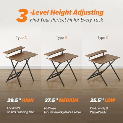 WOHOMO Folding Computer Desk with Monitor Stand, Adjustable Height, Walnut | Foldable Table Small Office Desk for Bedroom, Space Saving Desk for Home Office, Easy Assembly - color: Walnut