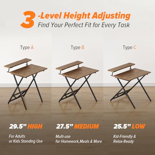 WOHOMO Folding Computer Desk with Monitor Stand, Adjustable Height, Walnut | Foldable Table Small Office Desk for Bedroom, Space Saving Desk for Home Office, Easy Assembly - color: Walnut