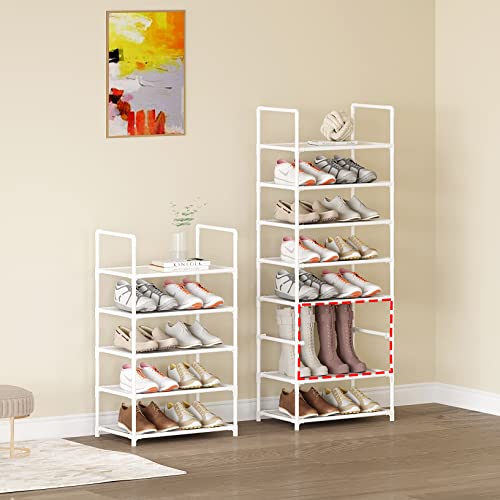 5 Tier Stackable Small Shoe Rack,Narrow Sturdy Shoe Shelf Organizer, Non-Woven Fabric Metal Free Standing Shoe Racks for Entryway, Hallway and Closet (White) - size: 5-White