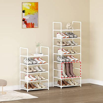 5 Tier Stackable Small Shoe Rack,Narrow Sturdy Shoe Shelf Organizer, Non-Woven Fabric Metal Free Standing Shoe Racks for Entryway, Hallway and Closet (White) - size: 5-White