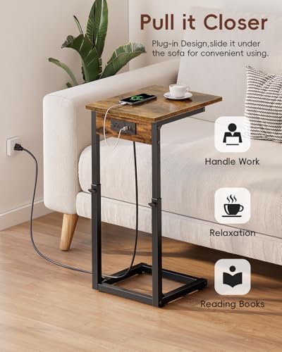 C Shaped End Table with Charging Station, 33"Tall Side Table for Couch, C-Table End Table Adjustable Height Side Table,Slide Under Couch Table TV Tray Table for Sofa,Living Room,Bedroom,Brown - color: Rustic Brown, style: Charging Station