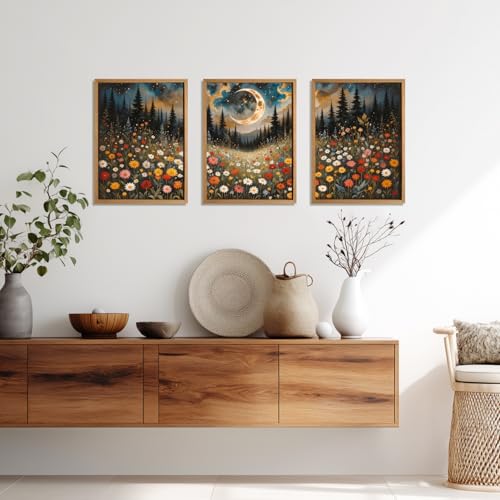 Cyebmo Boho Wildflower Wall Art, Moon Forest Wall Decor, Rustic Mountain Landscape Flower Art Prints, Mystical Starry Night Poster Prints for Living Room Bedroom Office Wood Framed 16''x24''x3 - color: Moon(Wood), size: 24"L x 16"W