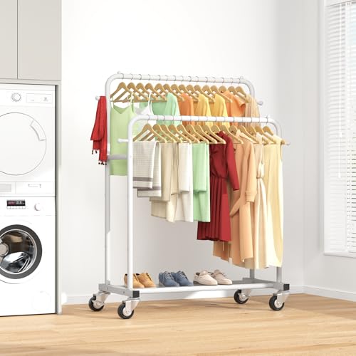 Laiensia Double Rods Garment Rack with Wheels, Clothing Rack for Hanging Clothes,4 Hooks, Multi-functional Bedroom Clothes Rack, White - color: White