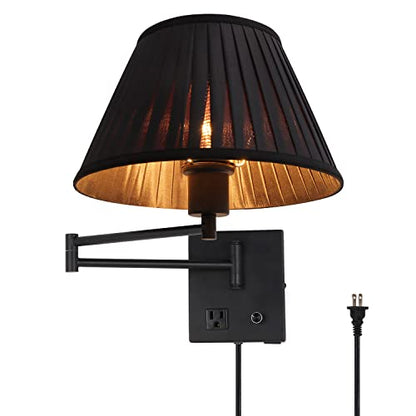 17" Swing Arm Wall Lamp USB & AC Outlet, Dimmable, Black | Adjustable Swing Arm Rotary dimmer sets Plug-in bedside Bedroom Living Room reading - color: Black