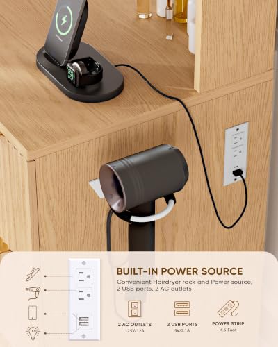 LIVELYGLOW 43" Large Natural Wood Makeup Vanity Desk with Charging Station | Fluted Design, Smart LED Mirror, Hairdryer Holder, 7 Drawers - color: Wooden/Fluted