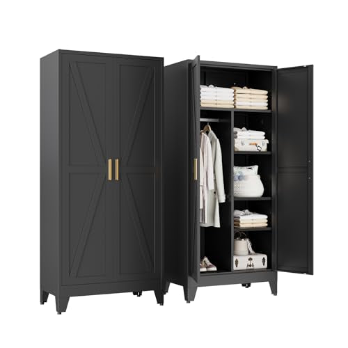 71" Tall Metal Armoire Wardrobe Closet with Hanging Rod and 3 Adjustable Shelves,Black Storage Cabinet,Steel Wardrobe for Bedroom Garage Laundry Room Office Apartment,6 Tier 1 Pack - color: Black, size: 17.7"D x 31.5"W x 71"H-1