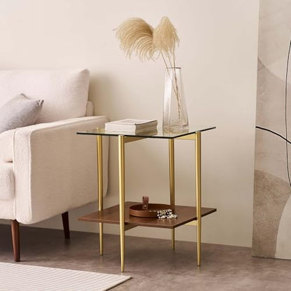 LumFurn Square Glass End Table, Mid-Century Modern Side Table for Living Room, L18xW18xH23inch, Clear Glass and Walnut MDF Wood, Gold Finish Frame - color: L18" Clear & Walnut
