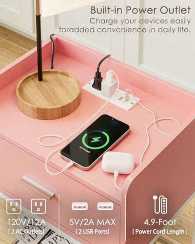Masupu Nightstand with Charging Station,3-Tier Modern Bedside Night Stand with Storage Drawer and Shelf,Small End Side Table for Bedroom,Living Room,Pink and White - color: Outlet-pink