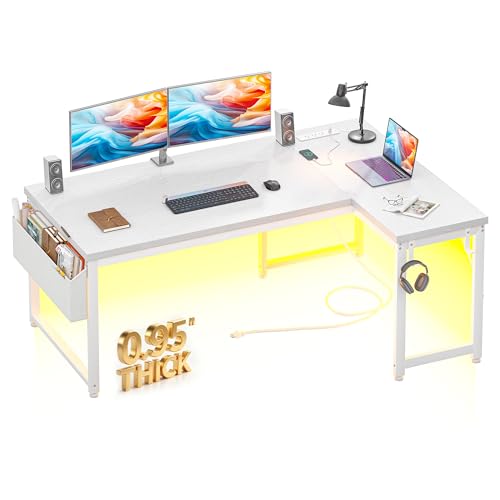 DurayLoly 0.95 Thicker L Shaped Computer Desk for Home Office,White | 55" Reversible Corner Desk with Power Outlet,Gaming Desk with LED Lights,Computer Desk for 2 Monitor,Study Room,Bedroom - color: White, size: 55 Inch