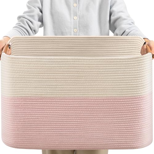 Large Woven Basket 25’’*16’’*16’’ Rectangle Woven Baskets for Storage, Storage for Living Room, Soft Cotton Rope Basket With Handle, Large Basket for Kids Dog Toys, 108L Pink+White - color: Pink, size: 108L