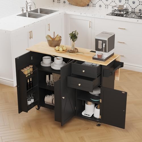 50.4" Kitchen Island with Drop Leaf & Power Outlet, Farmhouse Rolling Island Cart with 3 Spices Shelves on Wheels, Mobil Kitchen Island Table with Rubberwood Countertop Towel Rack, Black - color: Black, size: 3 Spice Shelves