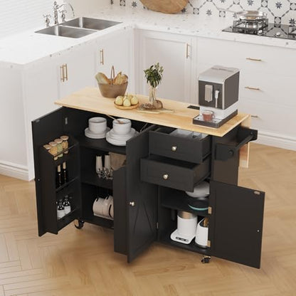 50.4" Kitchen Island with Drop Leaf & Power Outlet, Farmhouse Rolling Island Cart with 3 Spices Shelves on Wheels, Mobil Kitchen Island Table with Rubberwood Countertop Towel Rack, Black - color: Black, size: 3 Spice Shelves