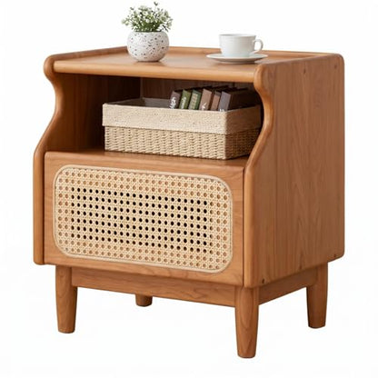 Cherry Wood Nightstand with Drawer, Rattan Nightstand, Natural Wooden Side Table, 19.3" H Bedside Table with Open Shelf, Small Nightstand for Bedroom - color: Natural, size: 1 pc(13.8"D x 17.7"W x 19.3"H)