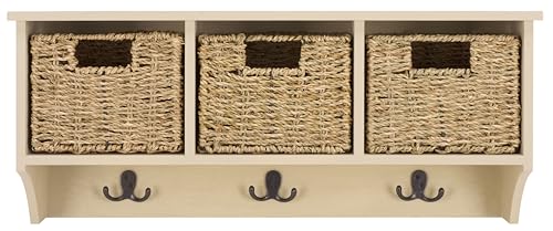 SAFAVIEH Home Collection - Finley Sand Wall Mounted 3-Basket Storage Rack with Hooks & Seagrass Baskets (HAC5700E) - color: Sand