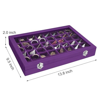 Siveit Velvet Jewelry Tray 48 Grid Jewelry Display Tray Organizer Box with Transparent Lid Rings Earrings Necklaces Pendants Display Box Suitable for Women and Girls (Purple) - color: Purple