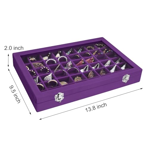 Siveit Velvet Jewelry Tray 48 Grid Jewelry Display Tray Organizer Box with Transparent Lid Rings Earrings Necklaces Pendants Display Box Suitable for Women and Girls (Purple) - color: Purple