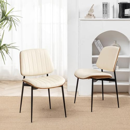 LUNLING Dining Room Chairs Set of 2 Mid Century Modern Retro Beige Faux Leather Chair with Walnut Bentwood Upholstered Seat Metal Legs Kitchen Chairs Adjustable Foot for Kitchen Dining Room - color: Beige, size: Set of 2