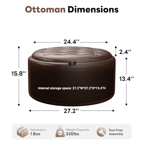 Tbfit Multi-Functional Round Storage Ottoman for Home - No-Assembly Footrest & Seat with Spacious Storage Plush Fabric Design for Living Room, Bedroom, Nursery, Dark Brown - color: Dark Brown-pu