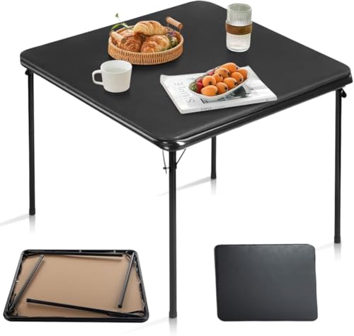 FurnitureR Square Folding Table, 33.9" Multi-Functional Card Table, Portable and Foldable for Indoor/Outdoor Use, PVC Tabletop with Metal Frame, No Assembly Required - color: Classic Black, size: 33.9" Square Table