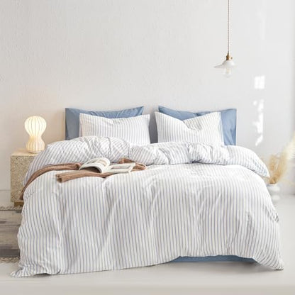 Wake In Cloud - Striped Cotton Duvet Cover Set, Ticking Stripe Vertical Pinstripe Farmhouse, 100% Washed Cotton Textured Bedding Set, 3 Pieces, Blue White, Full Size - color: Blue White, size: Full
