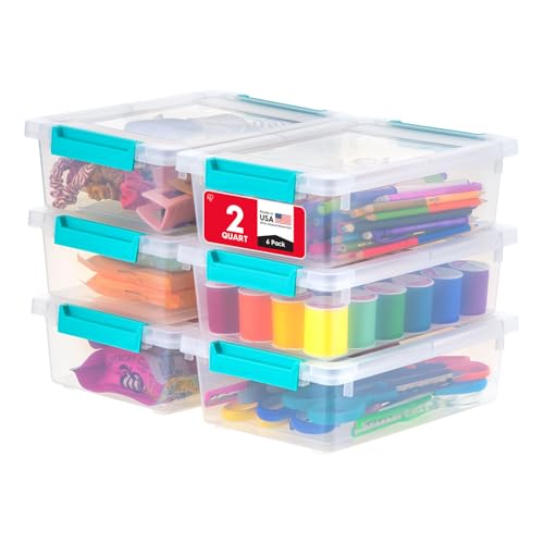 IRIS USA Storage Bins with Lids |Made in USA| 2 Qt - (6-Pack) - Clear | Sensory Craft Organizers, Plastic Clip Box Totes, Flat Containers for Organizing Paper, Office, Art & Study Supplies - color: Clear/Seafoam Blue, size: 2 Qt. - 6 Pack