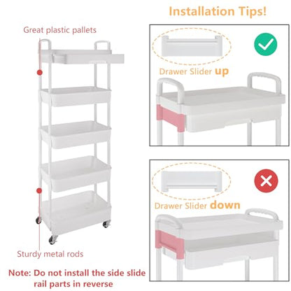 Calmootey 5-Tier Rolling Utility Cart with Drawer,Multifunctional Storage Organizer with Plastic Shelf & Metal Wheels,Storage Cart for Kitchen,Bathroom,Living Room,Office,White | Space-Saving Organizer, Sturdy Plastic Shelves, Smooth-Rolling Metal Wheels,