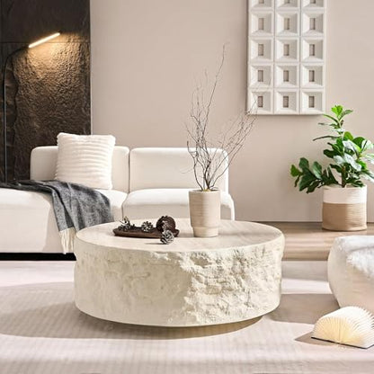 RoundCoffee Table, Modern Drum Design, Circle Fiberglass Coffee Table, End Table for Living Room, Apartment, No Assembly Required (35.43'' Cement Stone Pattern) - color: 35.43'' Cement Stone Pattern
