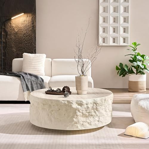 RoundCoffee Table, Modern Drum Design, Circle Fiberglass Coffee Table, End Table for Living Room, Apartment, No Assembly Required (35.43'' Cement Stone Pattern) - color: 35.43'' Cement Stone Pattern