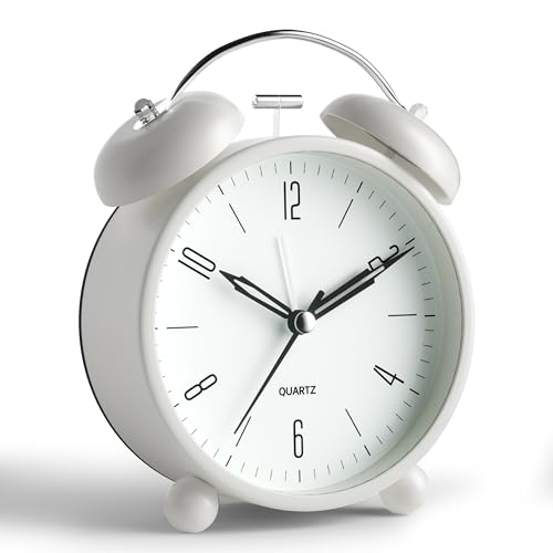 Twin Bell Loud Alarm Analog Alarm Clock, 4 inch Super Silent Non Ticking Small Clock with Night Light, Battery Operated, Simple Design, Old Fashioned, for Heavy Sleeper, Bedroom, Bedside, Desk, White - color: White+twin Bell