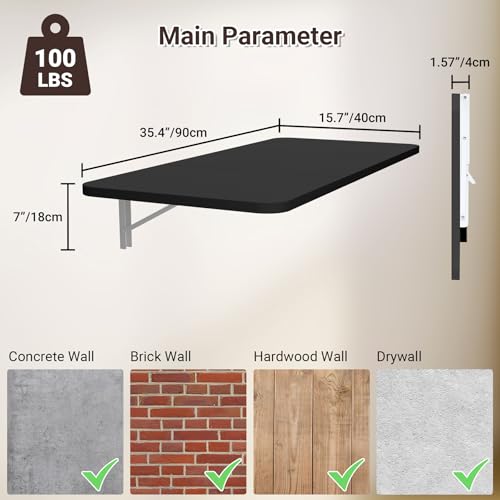 Neoaider Wall Mounted Folding Desk 35.4” x 15.7”, Black | Drop Down Table with Metal Collapsible Brackets, Folding Wall Table for Small Spaces, Home, Office, Kitchen, Laundry Room - color: Black, size: 35.4" x 15.7"