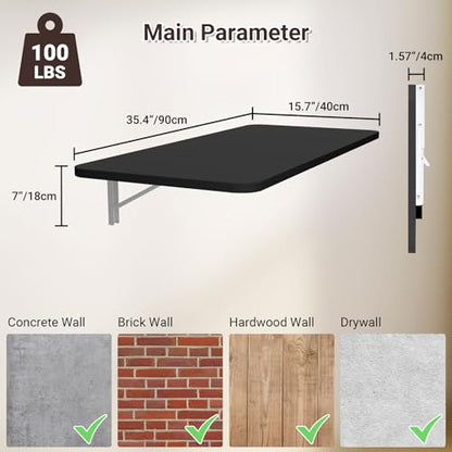 Neoaider Wall Mounted Folding Desk 35.4” x 15.7”, Black | Drop Down Table with Metal Collapsible Brackets, Folding Wall Table for Small Spaces, Home, Office, Kitchen, Laundry Room - color: Black, size: 35.4" x 15.7"