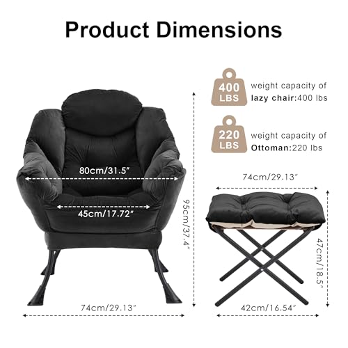 Lazy Chair with Ottoman, Modern Accent Lounge Chair with Side Pocket and Armrests, Cozy Reading Armchair with Footrest, Upholstered Sofa Chair for Small Spaces, Bedroom Living Room, Black - color: Black
