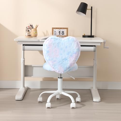 chairus Kids Desk Chair Faux Fur Study Chair for Teenage Girls, Adjustable Heart Shaped Kids Vanity Chair for Bedroom Reading Living Room, Small Cute Student Task Chair with White Foot, Baby Blue - color: Baby Blue