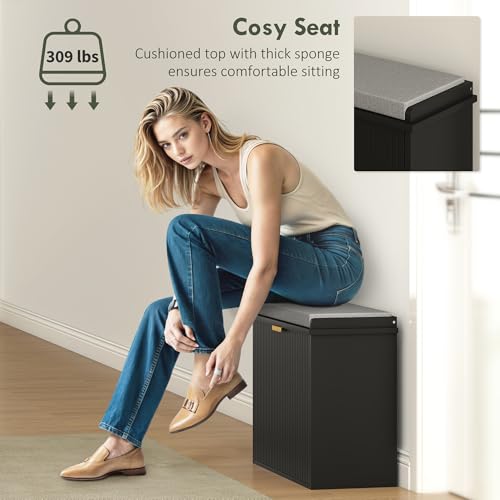 HOMCOM Narrow Shoe Bench with Padded Cushion 24.4x10.2x18.7 Inches Black | Shoe Storage Cabinet, Flip-Drawer, Adjustable Shelf, Small Entryway Bench, Holds up to 265lb - color: Black, size: 24.4" x 10.2" x 18.7"