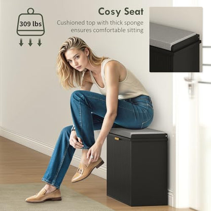 HOMCOM Narrow Shoe Bench with Padded Cushion 24.4x10.2x18.7 Inches Black | Shoe Storage Cabinet, Flip-Drawer, Adjustable Shelf, Small Entryway Bench, Holds up to 265lb - color: Black, size: 24.4" x 10.2" x 18.7"