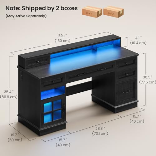 HAUOMS Farmhouse Executive Desk Computer Desk with Drawers，Black | Executive Office Desk with File Drawers, Power Outlet, Led Lights, Storage Cabinet and Monitor Shelf for Home Office - color: Black