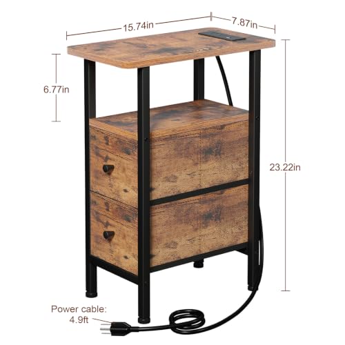 Narrow End Table with Charging Station, Small Nightstand | Skinny Side Tables Living Room with 2 Fabric Drawers, Slim Bedside Table for Bedroom, Small Spaces, Couch, Rustic Brown - color: Rustic Brown, size: 23.22''H (2 Drawers), style: Power