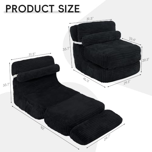 XVD 82" Extra Long Folding Sofa Bed with Pillow, Convertible Sleeper Chair, 2 in 1 Folding Chair Bed with Side Pocket Thick Corduroy Convertible Couch Bed for Office, Guest Room, Dorm, Apts Black - color: Black