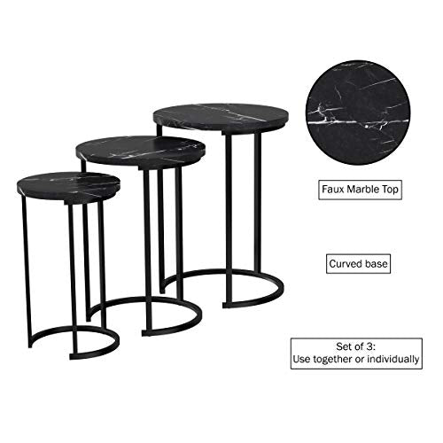 Lavish Home Round Nesting Tables Set of 3, Faux Marble Tabletop, Black | 25”H / 22.5”H / 20.25”H Modern Side Tables, Space Saving Accent Table Set, for Living Room, Bedroom, Dorm or Home Office - color: Black Marble