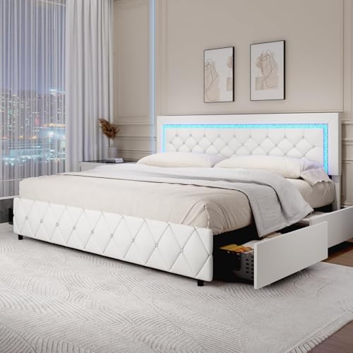 BarnFurin King Size Bed Frame with LED Headboard and Storage Drawers,White | Upholstered Platform Bed with Diamond Tufted Headboard, Wooden Slats Support, No Box Spring Needed, Easy Assembly - color: White, size: King