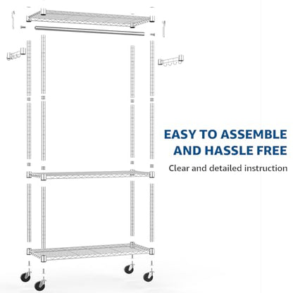 M MZG Heavy Duty Rolling Garment Rack 3 Tiers Adjustable Wire Shelving Clothes Rack with Rods and Side Hooks,Storage Closet Clothing Rack with Wheels Chrome 15.7" D x 29.5" W x 74.5" H - color: Chrome, size: 3 Tier with 1 rod, 15.7"D x 29.5"W x 74.5"H