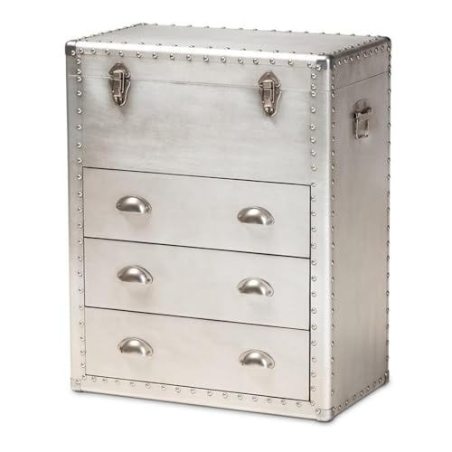 BOWERY HILL 3-Drawer Mid-Century Metal Accent Storage Chest, Silver Finish, Wood and Metal Construction, Vintage-Inspired Rivet Details, Lift-Top Compartment, Bedroom, Living Room, or Entryway Use