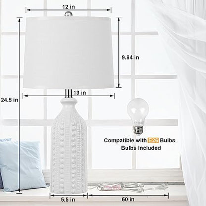 JUNNAI White Ceramic Table Lamp 24.5": 3-Way Dimmable Bedside Lamp with White Drum Slub Shade, Modern Nightstand Lamp for Bedroom & Living Room (Bulb Included) - color: White