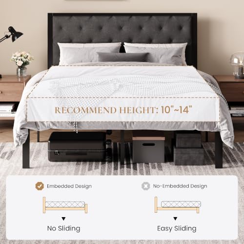 SHA CERLIN Queen Size Metal Bed Frame and Linen Tufted Headboard, Dark Gray | Modern Design Heavy-Duty Platform Bed, No Box Spring Need, Linen Fabric Upholstery, Noise Free, Easy Assembly - color: Dark Grey, size: Queen