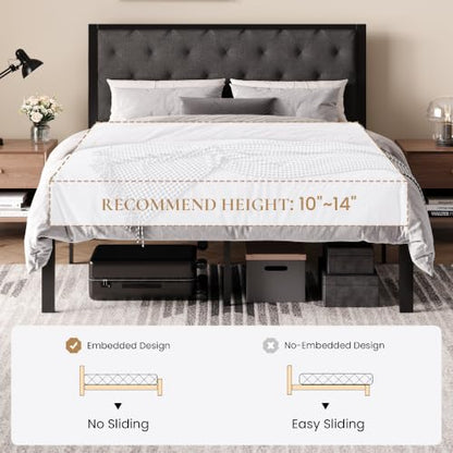 SHA CERLIN Queen Size Metal Bed Frame and Linen Tufted Headboard, Dark Gray | Modern Design Heavy-Duty Platform Bed, No Box Spring Need, Linen Fabric Upholstery, Noise Free, Easy Assembly - color: Dark Grey, size: Queen