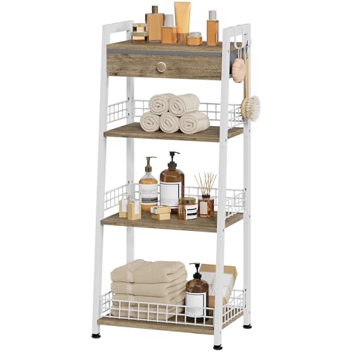 Gewudraw Bathroom Shelf with Storage Drawer, 4-Tier Ladder Shelf, White | Bathroom Table Stand for Small Spaces, Bathroom Storage for Living Room, Bedroom, Kitchen, Bathroom Organizer Standing Shelf - color: White, size: 4 Tier Standard