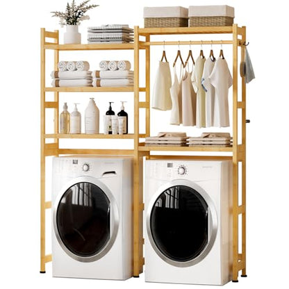 Cozivolife Over The Washer Dryer Storage Shelf: Bamboo 5 Tiers (Natural) | Laundry Room Drying Rack with Adjustable Shelves and 4 Hooks - Space Saver Organizer for Hanging Clothes and Towels - color: Natural